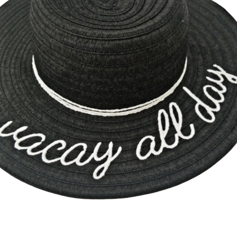 Novelty Straw Hat Vacay all day Black white script - Picture 3 of 3